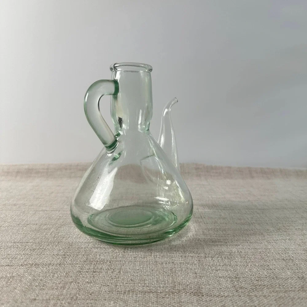Vintage Green Glass Long Spout Cruet | Hand Blown Pitcher | Sculptural Glass